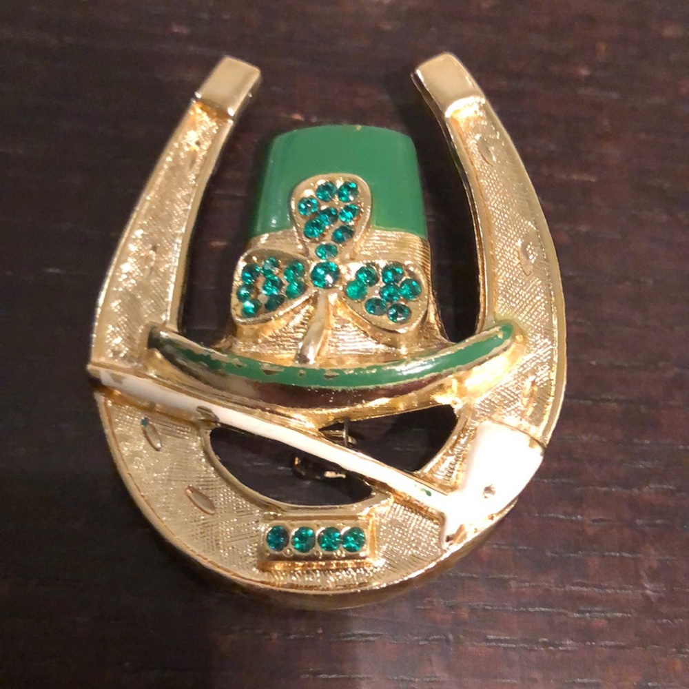 B.J. VTGHorseshoe St. Patrick's Day Green Rhinestones, Enamel  & Gold tone Pin
